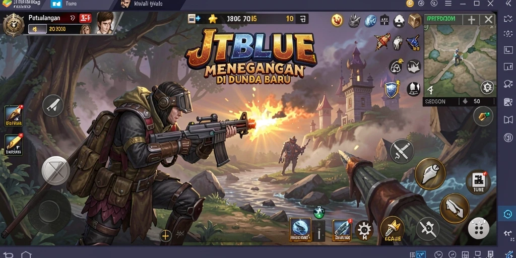 Screenshot gameplay JTBLUE menunjukkan petualangan menegangkan dan grafis yang menawan.