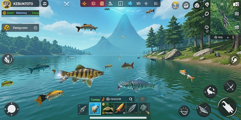 Screenshot gameplay KEBUNTOTO dengan aksi memancing yang seru.