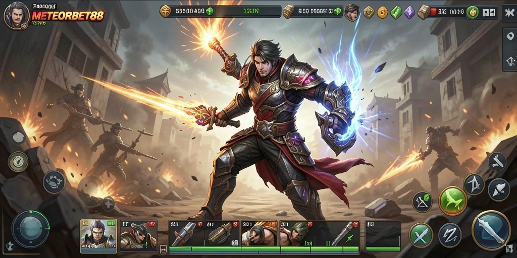 Tampilan screenshot utama <strong>METEORBET88</strong> menampilkan aksi pertempuran yang epik.