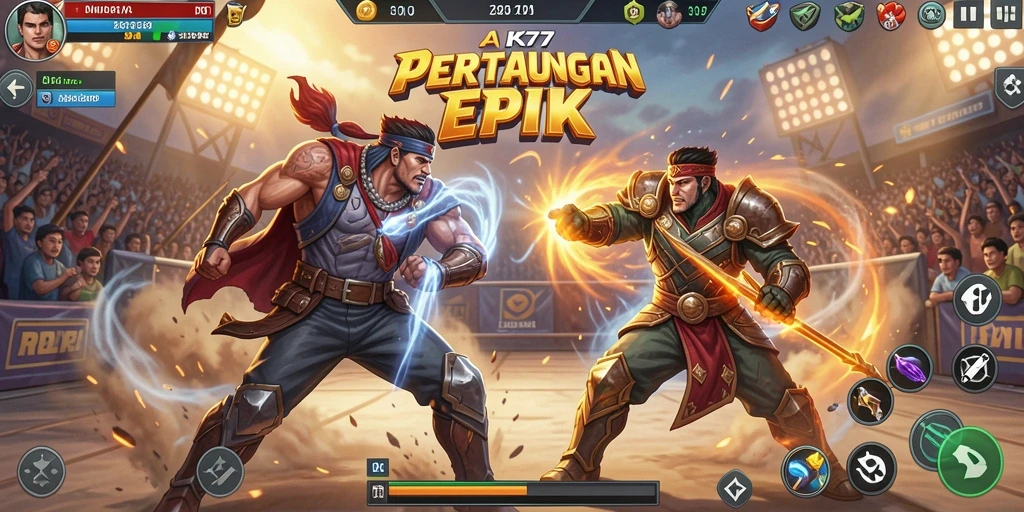 Tampilan gameplay RK77 yang menegangkan dengan karakter bertarung.