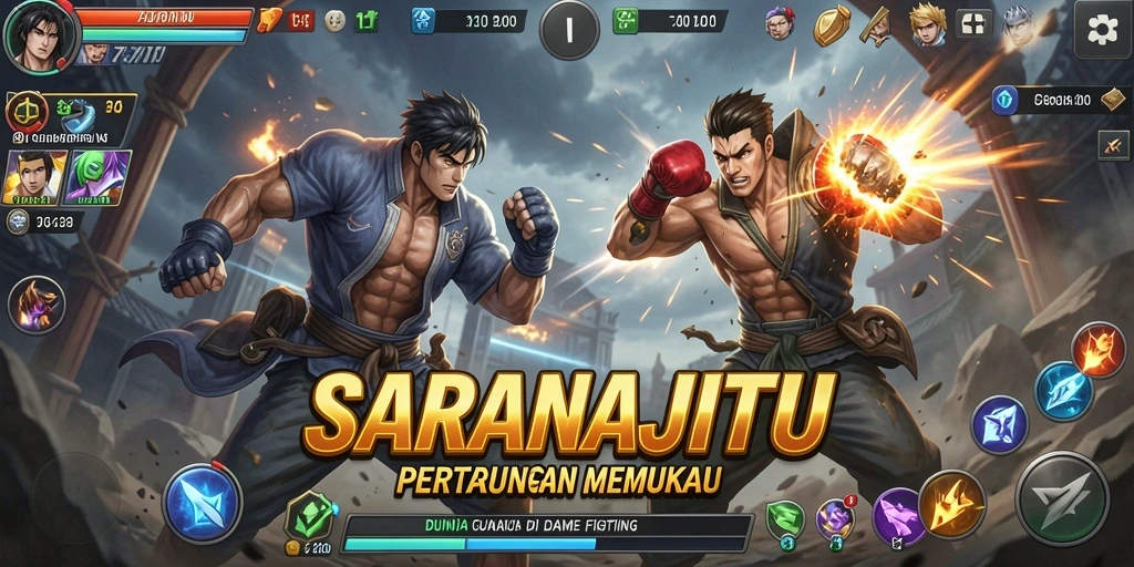 Tangkapan layar utama SARANAJITU menunjukkan aksi pertarungan yang mendebarkan dan karakter-karakter keren.